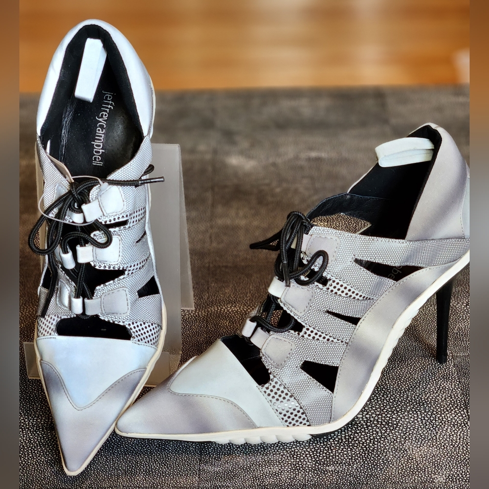 Jeffrey Campbell grey pointy toe cutout pumps